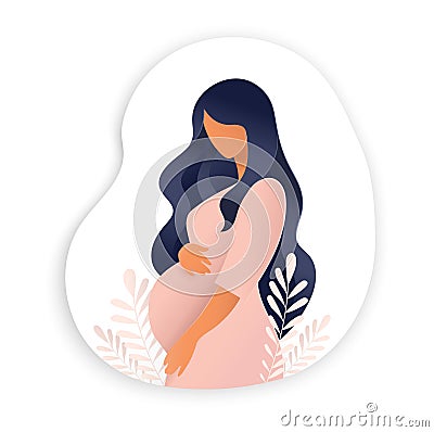 Side view of pregnant woman, pregnancy concept in trendy paper cut craft graphic style. Modern abstract design of Vector Illustration