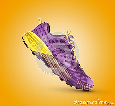 Side view of a purple and yellow lifestyle fashion running, sport shoe Stock Photo