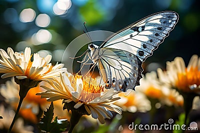 Side View of Rice Paper Butterfly Insect Alight on Flowering Garden in Bright Day Stock Photo