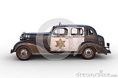 Side view 3D illustration of a rusty dirty old vintage police car isolated on white Cartoon Illustration