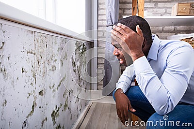 Shocked Man Looking At Mold On Wall Stock Photo