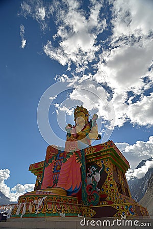 Side view of the statue of Maitreya Buddha at Deskit Diskit Gompa, Ladakh, India. Editorial Stock Photo