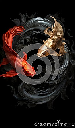 Side view Tai Chi Yin Yang fish, a red carp, and a black carp, oriental mysticism. Generative AI Cartoon Illustration