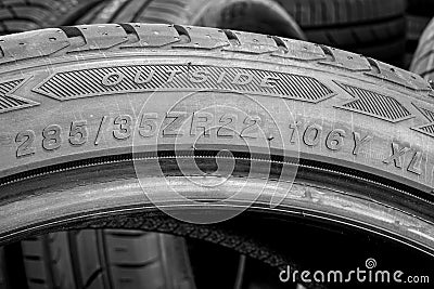 Side view of a tire with an indication of tire width, height and diameter, load and speed index Stock Photo