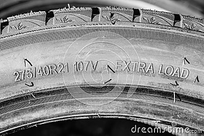 Side view of tire with tire width, height and wheel diameter designations, speed and load indices Stock Photo