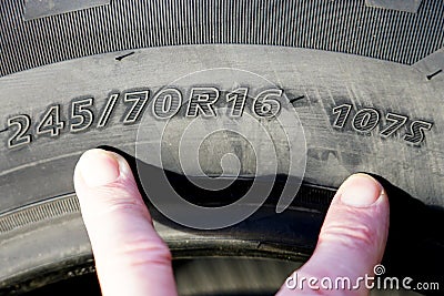 Side view of tire with tire width, height and wheel diameter designations, speed and load indices Stock Photo