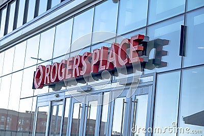 Side view to the main Entrance sign at the Rogers Place Editorial Stock Photo