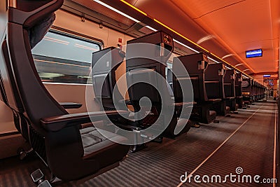Empty 1st class train compartment of the Deutsche Bahn during the journey Editorial Stock Photo