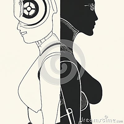 Side view of two humanoid robots standing back to back. Artificial intelligence concept. AI generated image. Stock Photo