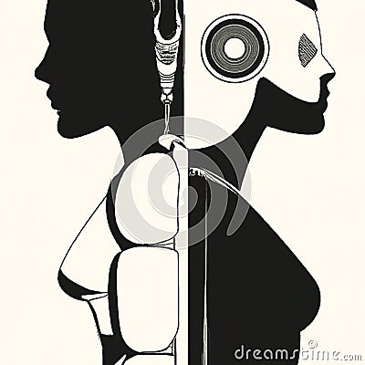 Side view of two humanoid robots standing back to back. Artificial intelligence concept. AI generated image. Stock Photo