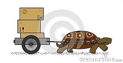 Side View Of A Vector Cute Land Turtle Carrying A Cart With Boxes. Cardboard Boxes With Marking. Slow Delivery. Isolated On A Stock Photo