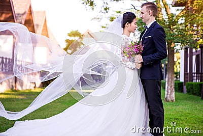 Side view of wedding couple standing at lawn Stock Photo