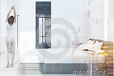 Side view of white bedroom interior, woman Stock Photo