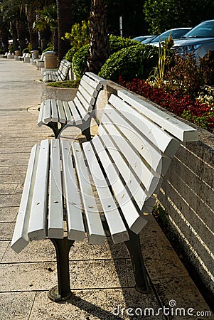 Side view of white benches along sidewalk with green bushes and palms behind Stock Photo