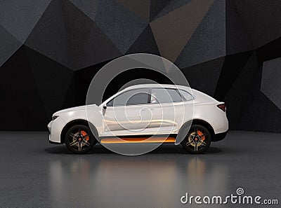 Side view of white self-driving electric SUV on black geometric background Stock Photo