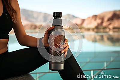 Side view Womans hand firmly grips a water bottle for hydration Stock Photo