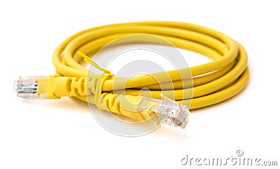 Side view yellow RJ45 computer network connecting cable with clipping path Stock Photo