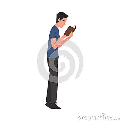 Side View of Young Man Reading Book while Standing, Male Student Character Studying or Preparing for Exam, Book Lover Vector Illustration