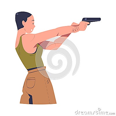 Side view of young woman aiming at target with gun. Female athlete shooter holding gun and training in tactical shooting Vector Illustration