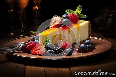 Yummy pie with sliced one piece on wooden surface Stock Photo