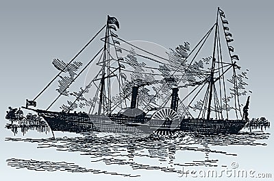 Side-wheel paddle steamer on wavy coastal waters Vector Illustration