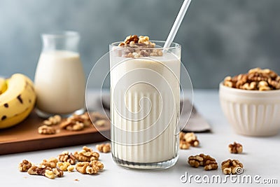 a sidebar view of a walnut banana smoothie with a metal spoon inside Stock Photo