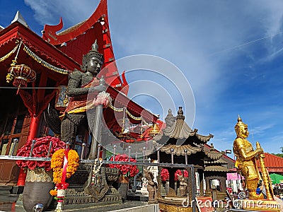 Sideview Thao Wessuwan at Chulamanee Temple on church and sky background. Samut Songkhram province. Landmarks Thailand Stock Photo