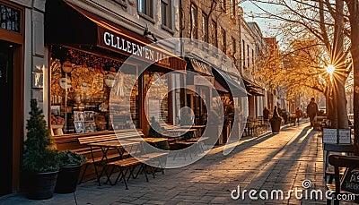 Sidewalk cafe chairs illuminate city life at dusk generated by AI Stock Photo