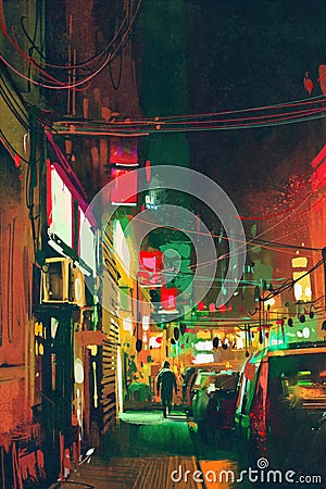 Sidewalk in the city at night with colorful light Stock Photo