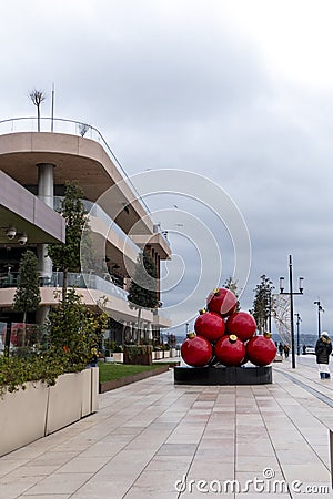 Sidewalk of the Istanbul Galata Port with Christmas Decoration Editorial Stock Photo