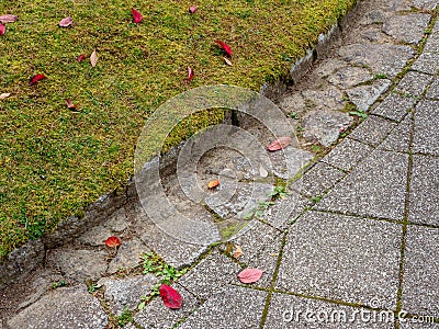 Sidewalk pattern with a cobblestones and grass lawn Stock Photo