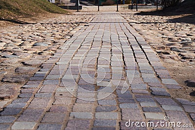 The sidewalk paved with brick blocks goes with the prospect of a distance. Comfortable straight the sidewalk Stock Photo
