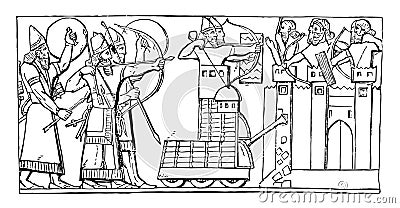 Siege of a City with Battering Ram of a hieroglyphic depicting, vintage engraving Vector Illustration