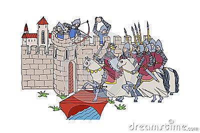 The siege of a medieval city. Storming the fortress. The conqueror king with an cavalry. Vector Illustration