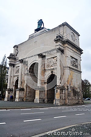Siegestor Victory Gate ruin ancient statue of Bavaria and lion for german people and foreign traveler travel visit on Ludwig Editorial Stock Photo