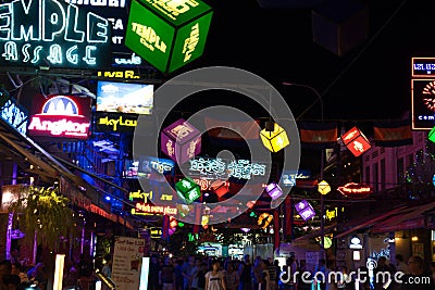 Brightly decorated with flags and garlands tourist street, Cambodia flags, decorative Editorial Stock Photo