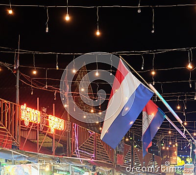 Flag of Cambodia and the Netherlands, festive lights Editorial Stock Photo