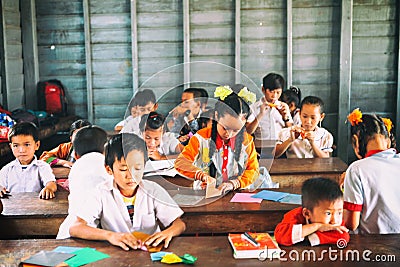 Siem Reap, Cambodia - 21 January, 2015: Cambodian Students at school class in the floating village Editorial Stock Photo