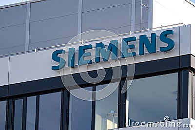 Siemens logo, office German conglomerate Siemens AG operating of electrical engineering, electronics, energy equipment, Editorial Stock Photo