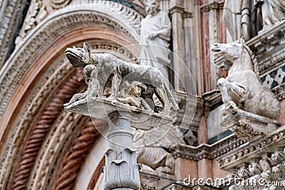 Siena dome cathedral external view detail of statue wolf with romolus and remus Stock Photo