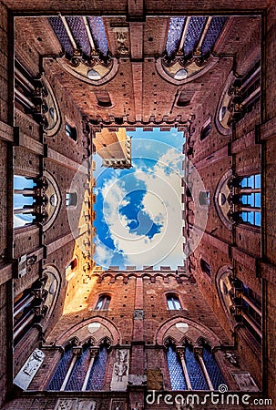 Siena Looking Up Tower Castle Courtyard Stock Photo