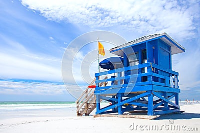 Siesta Key Beach, Florida USA, blue colorful lifeguard house Stock Photo