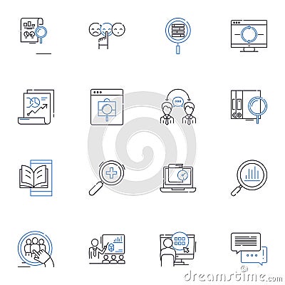 Sift through line icons collection. Categorize, Sort, Analyze, Screen, Filter, Distinguish, Scrutinize vector and linear Vector Illustration