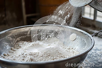 Sifting flour through sieve on wooden table. Generative AI Cartoon Illustration