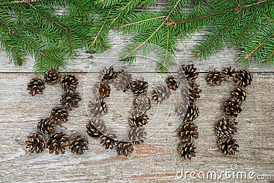 Sigh symbol from pine cones number 2017 on old retro vintage wooden background Stock Photo