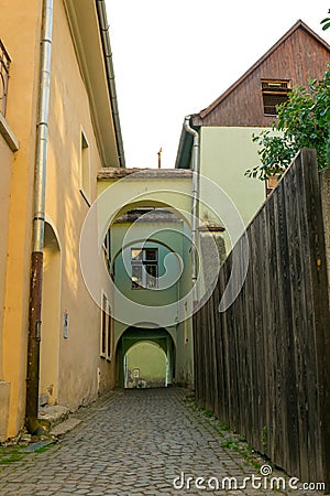 Street of an ancient city in Europe. Romanian city of Sighisoara Stock Photo