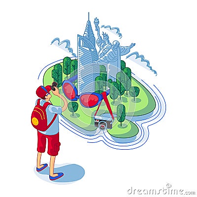 Tourist is shooting landmarks while traveling over the world Cartoon Illustration