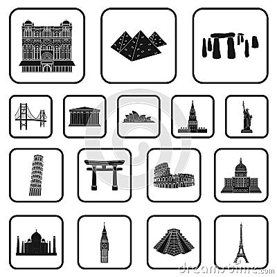 Sights of different countries black icons in set collection for design. Famous building vector symbol stock web Vector Illustration