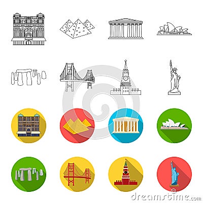 Sights of different countries outline,flat icons in set collection for design. Famous building vector symbol stock web Vector Illustration