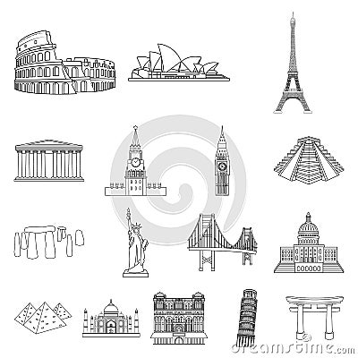 Sights of different countries outline icons in set collection for design. Famous building vector symbol stock web Vector Illustration